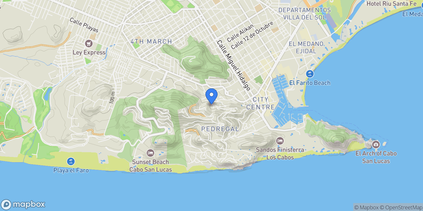 Map showing PH 934, Cascadas Pedregal, Cabo San Lucas, BCS 23453, Cabo San Lucas, Baja California Sur, Mexico.
