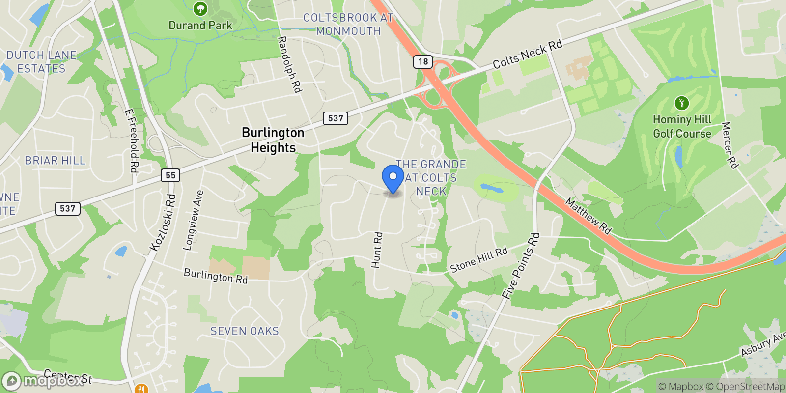 Map showing 210 Hunt Road, Freehold, NJ 07728, Freehold Township, New Jersey, United States.