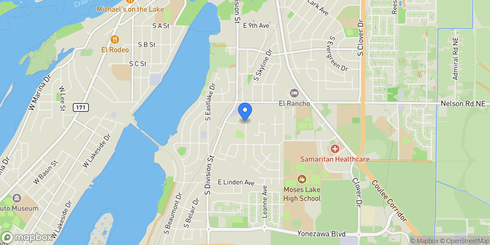 Map showing 1430 S Skyline Drive, Moses Lake, WA 98837, Moses Lake, Washington, United States.