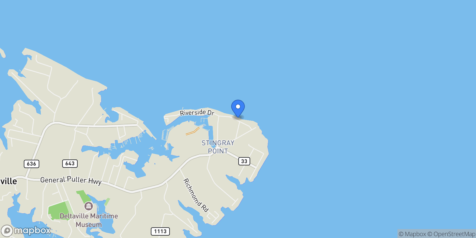 Map showing 154 Riverside Drive, Deltaville, Virginia, United States.
