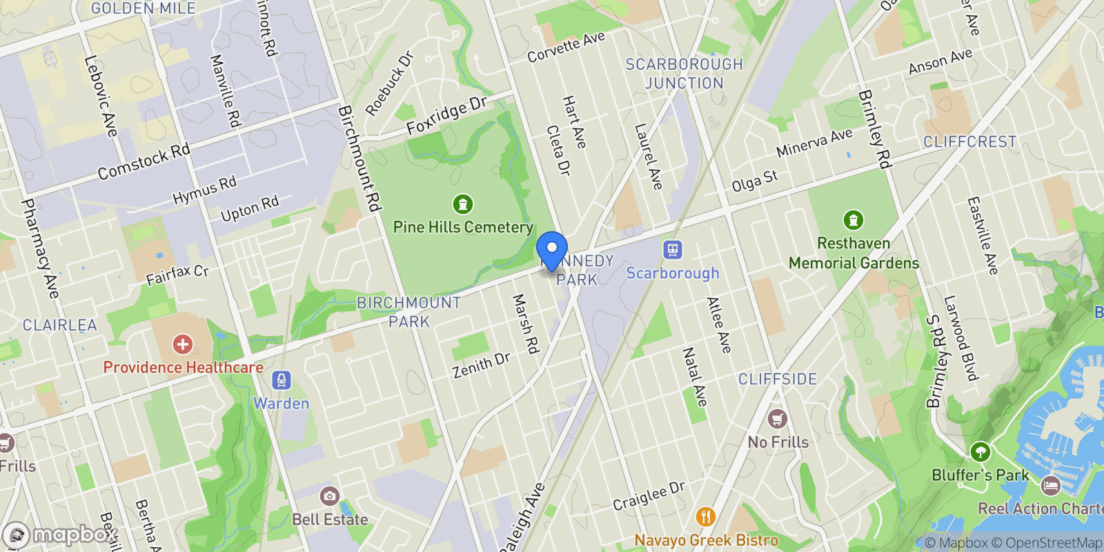Map showing 3547 St Clair Avenue E, Toronto, Ontario, Canada.