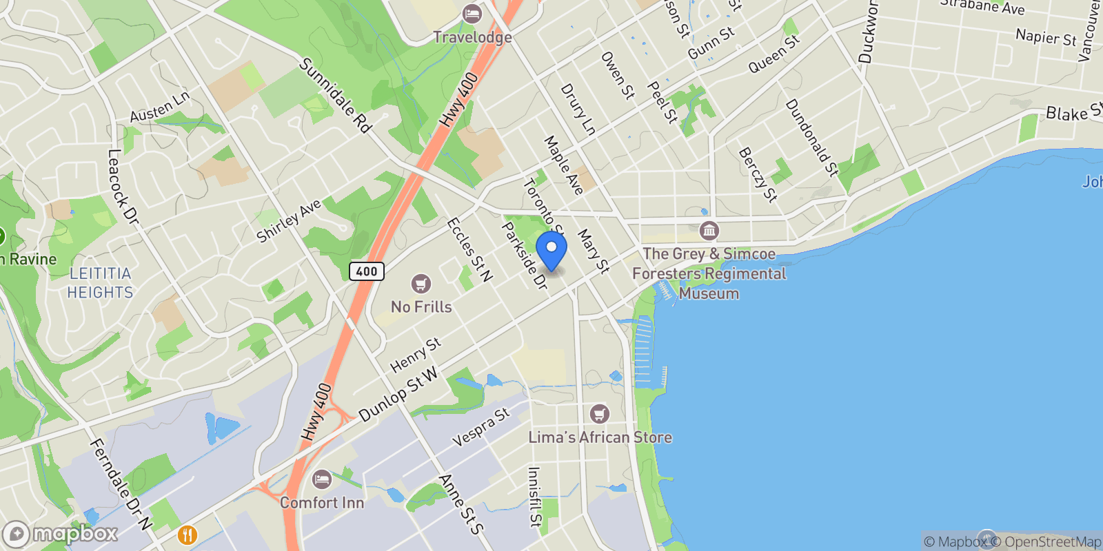 Map showing 64 High Street, Barrie, Ontario, Canada.