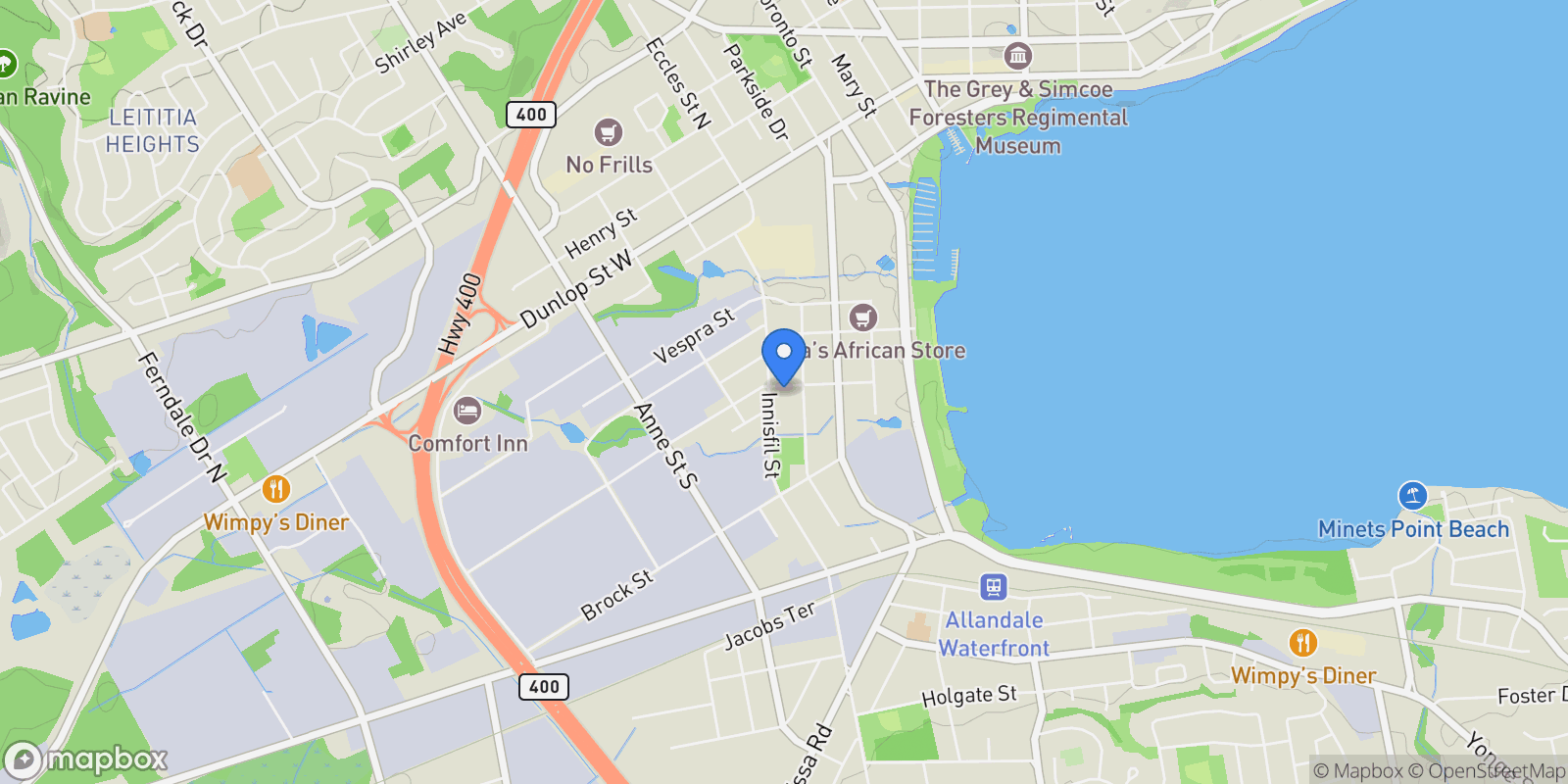 Map showing 69 John Street, Barrie, Ontario, Canada.