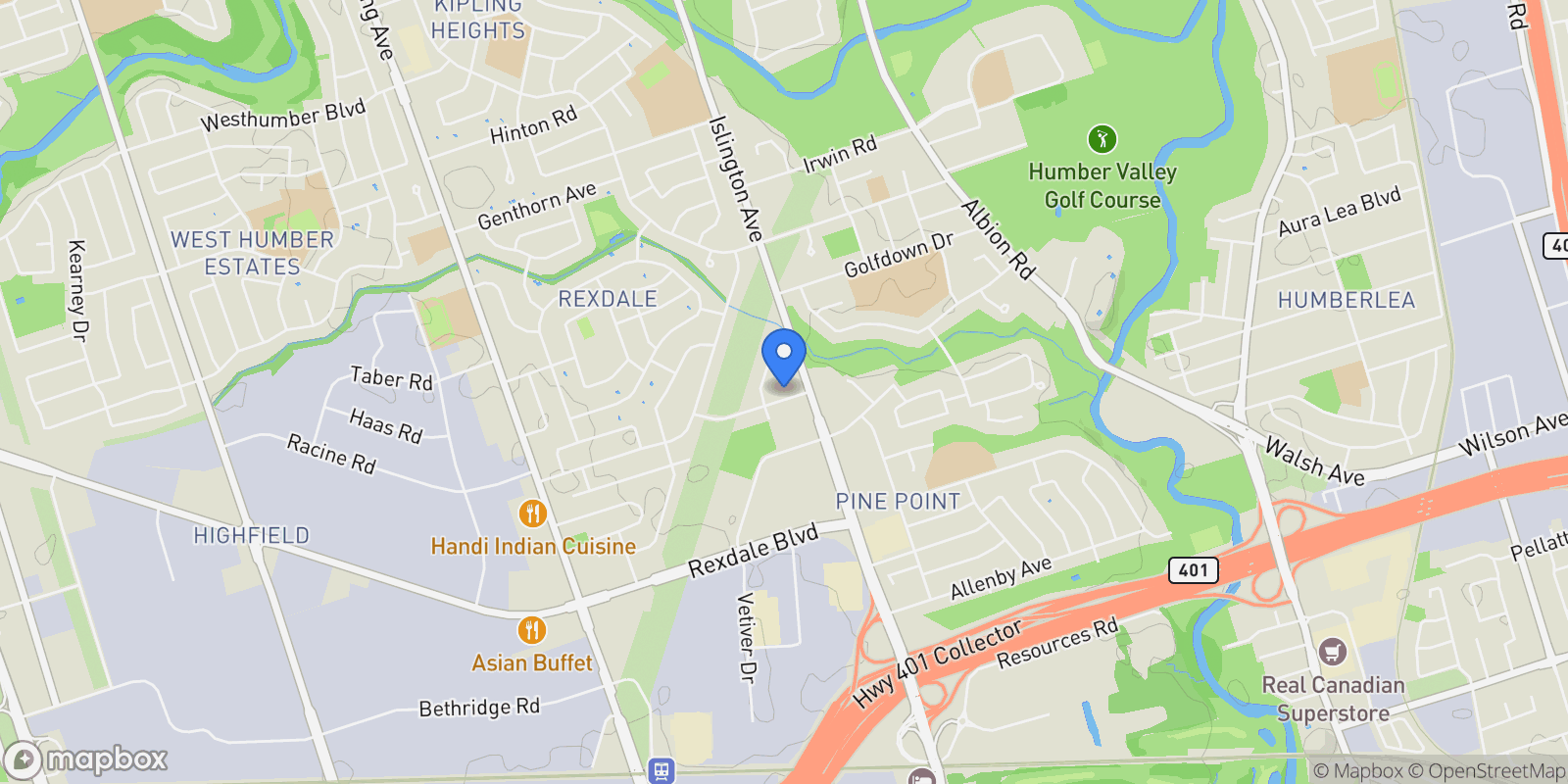 Map showing 45 Leduc Drive, Toronto, Ontario, Canada.