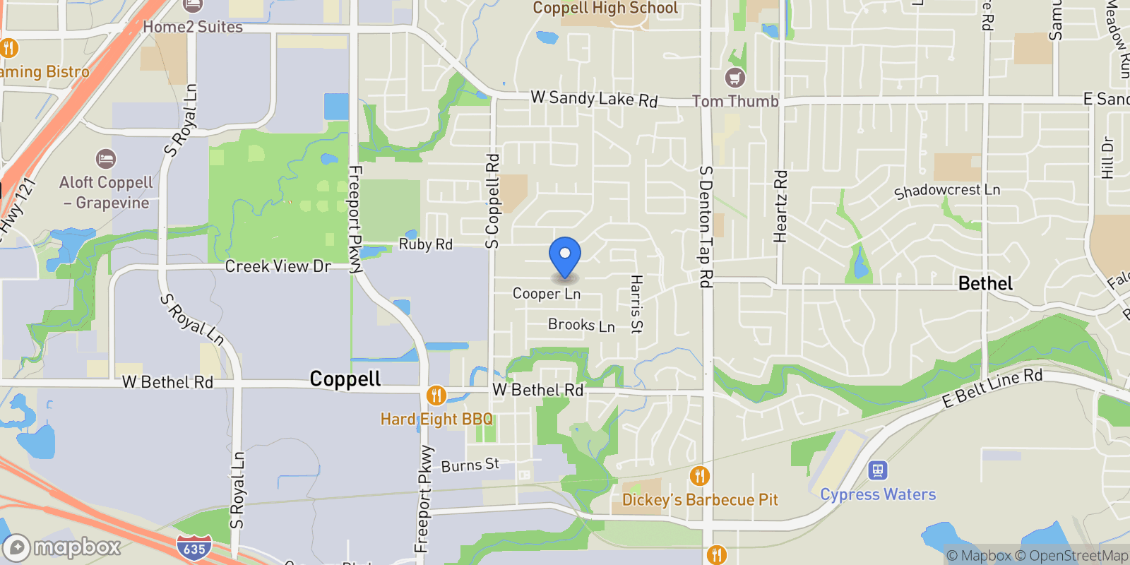 Map showing 309 Kaye Street, Coppell, TX 75019, Coppell, Texas, United States.