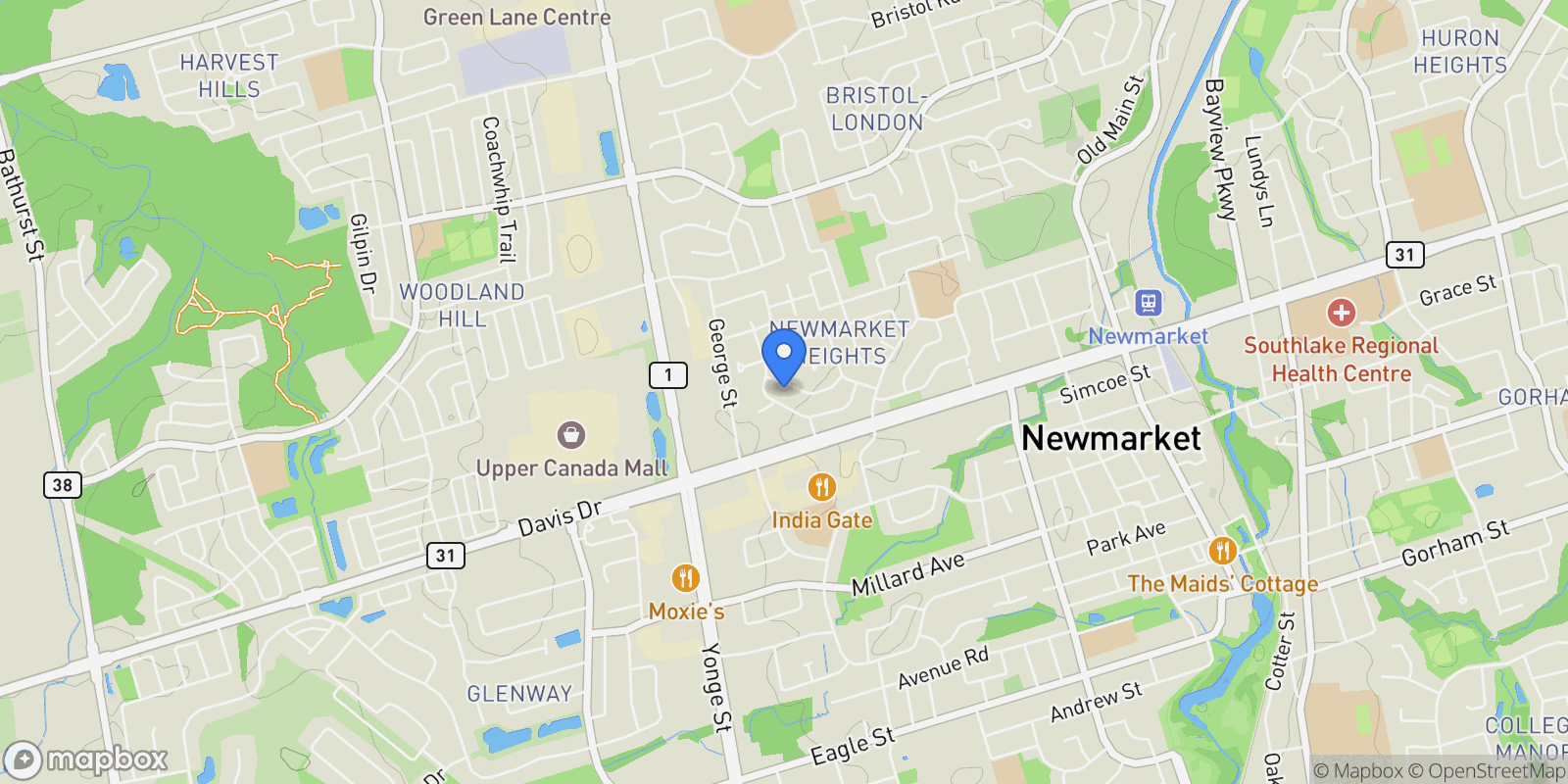 Map showing 106 Sheldon Avenue, Newmarket, Ontario, Canada.