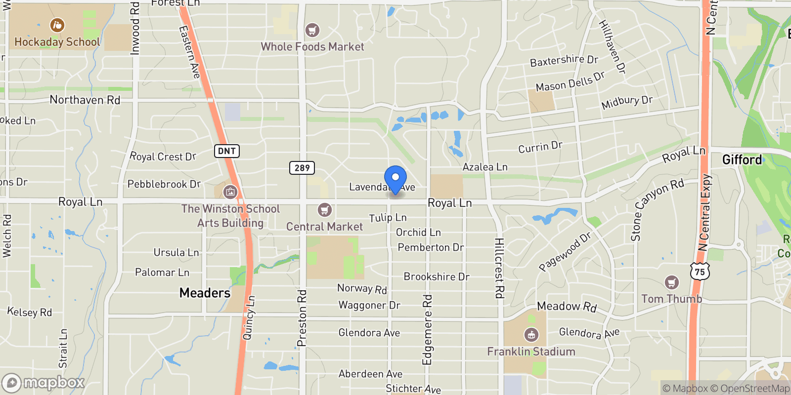 Map showing 6411 Royal Lane, Dallas, TX 75230, Dallas, Texas, United States.