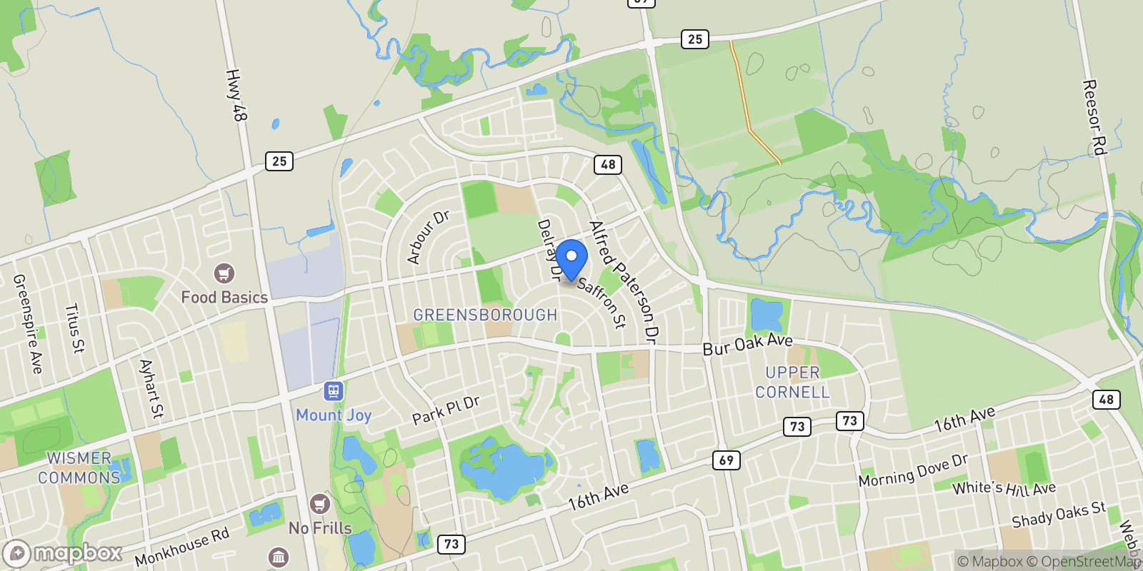 Map showing 73 Saffron Street, Markham, Ontario, Canada.