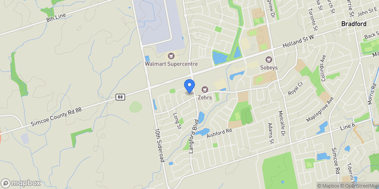 Map showing 23 Weir Street, Bradford West Gwillimbury, Ontario, Canada.
