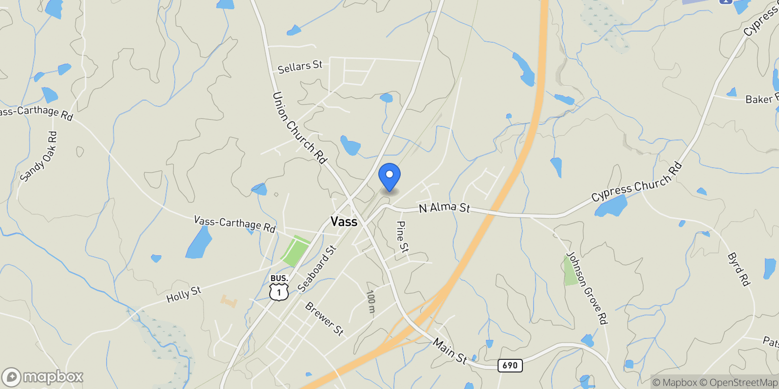 Map showing 200 Cameron Avenue, Vass, NC 28394, Vass, North Carolina, United States.