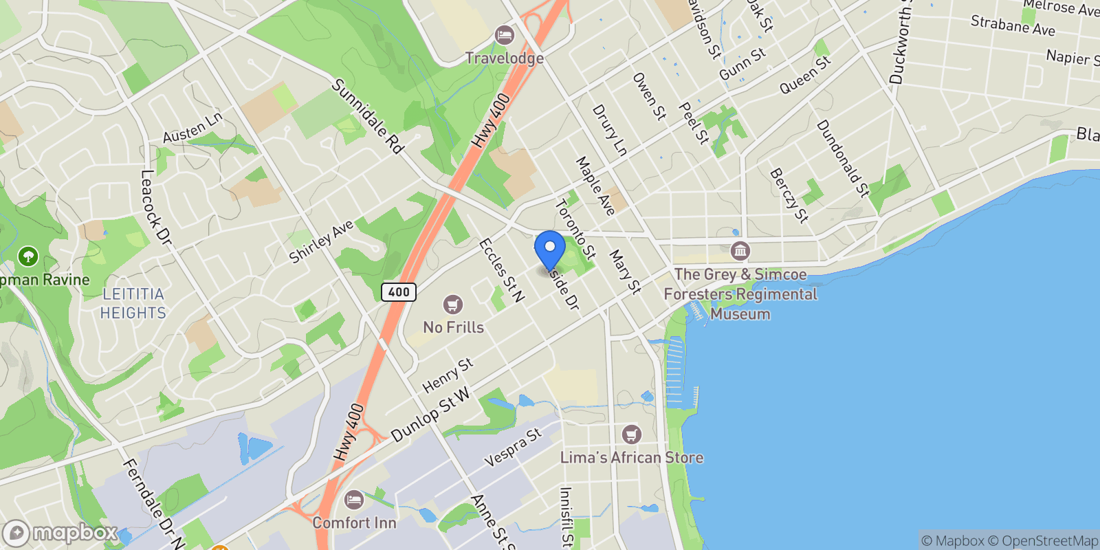 Map showing 52 Parkside Drive, Barrie, Ontario, Canada.