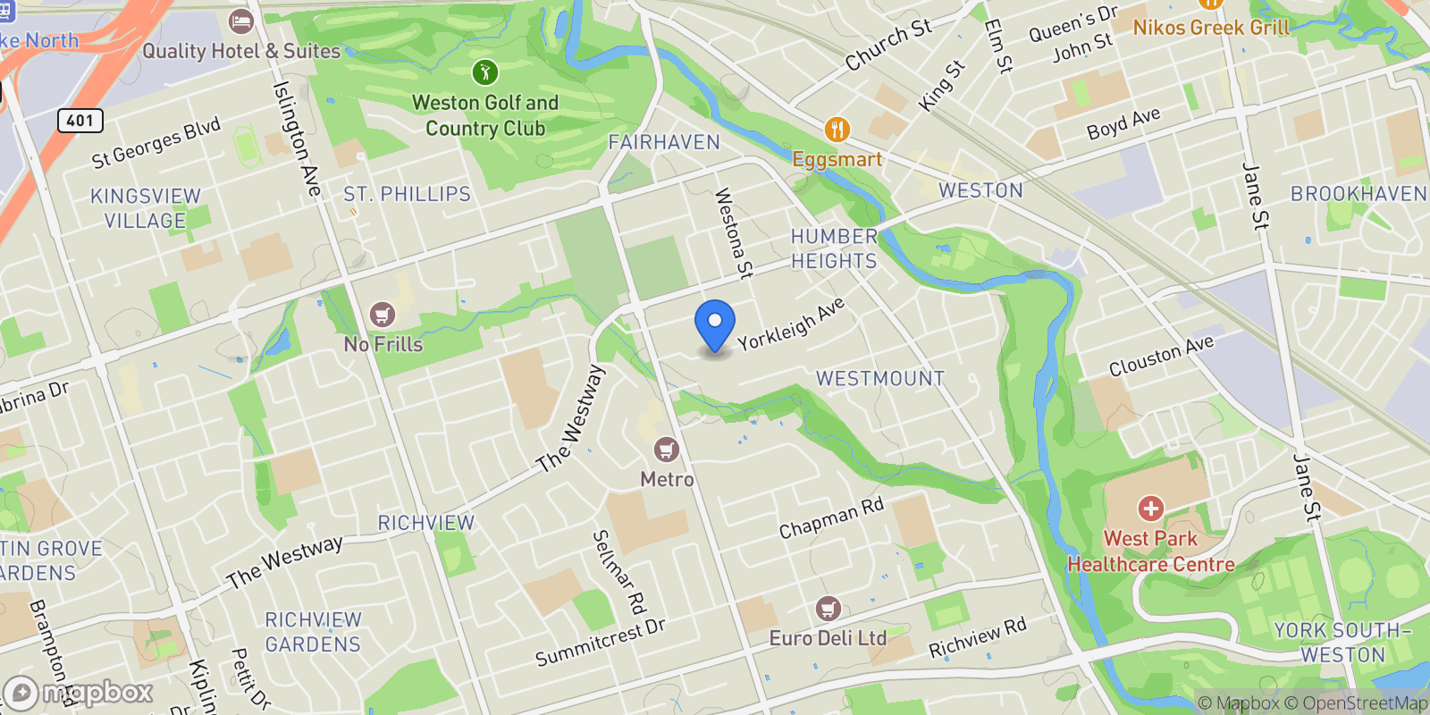 Map showing 85 Yorkleigh Avenue, Toronto, Ontario, Canada.