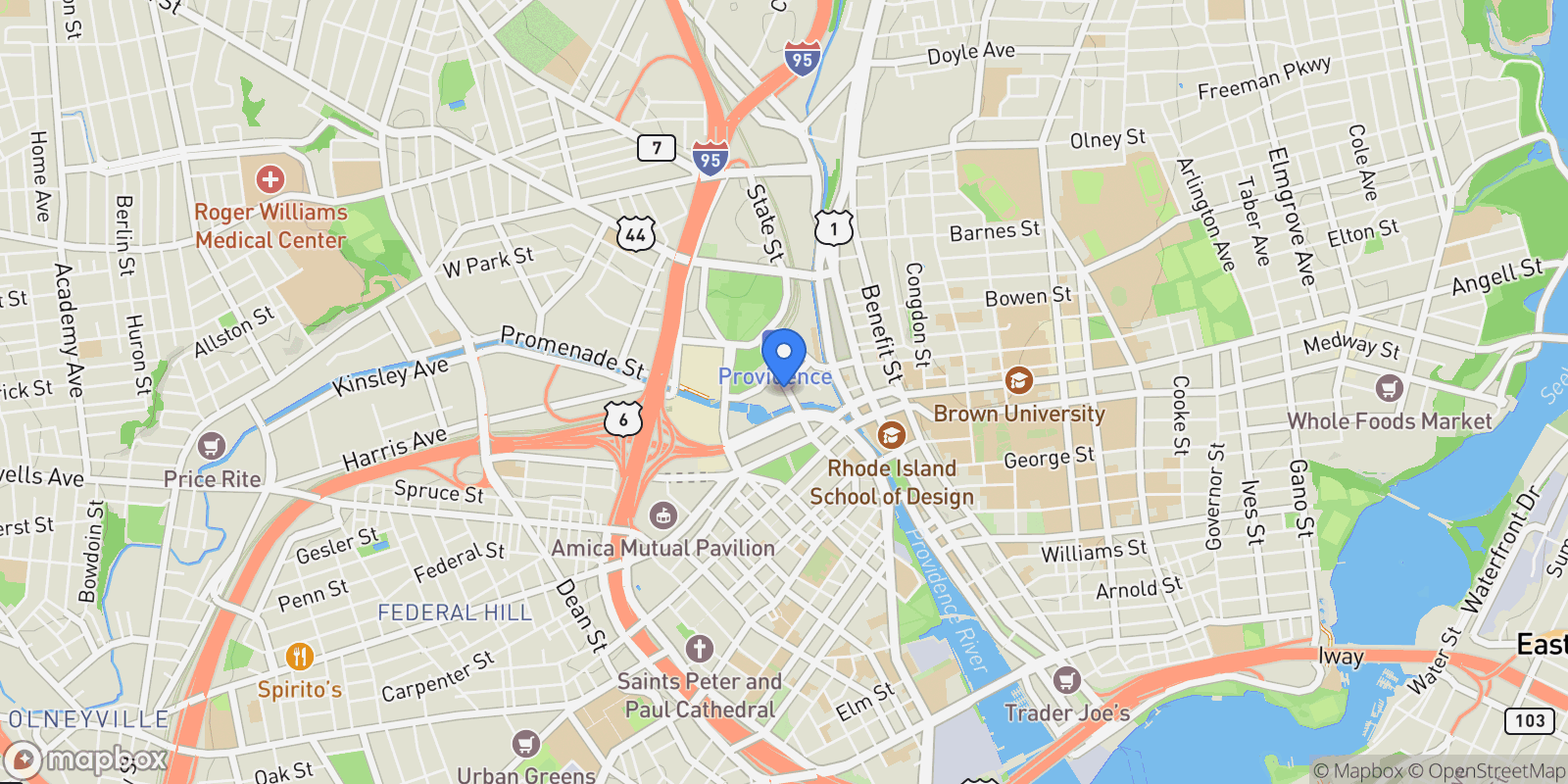 Map showing 100 Exchange Street, Unit #1107 , Providence, RI 02903, Providence, Rhode Island, United States.