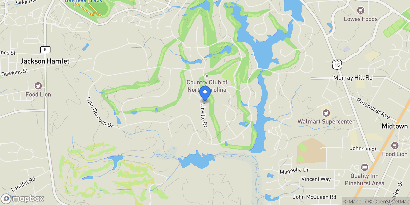 Map showing 25 Linville Drive, Pinehurst, NC 28374, Pinehurst, North Carolina, United States.