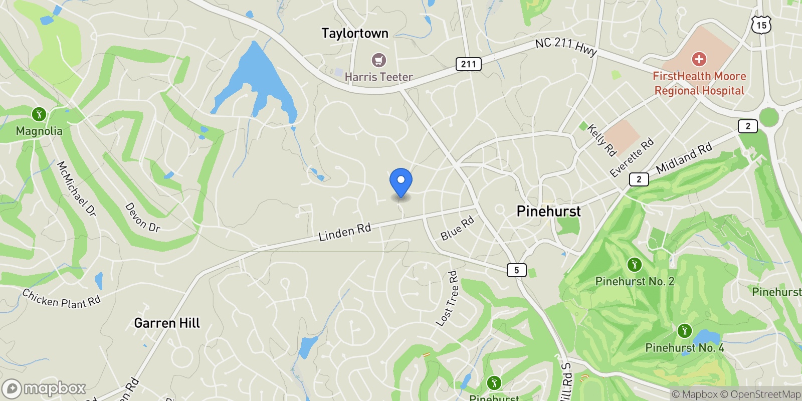Map showing 180 Frye Road, Pinehurst, NC 28374, Pinehurst, North Carolina, United States.