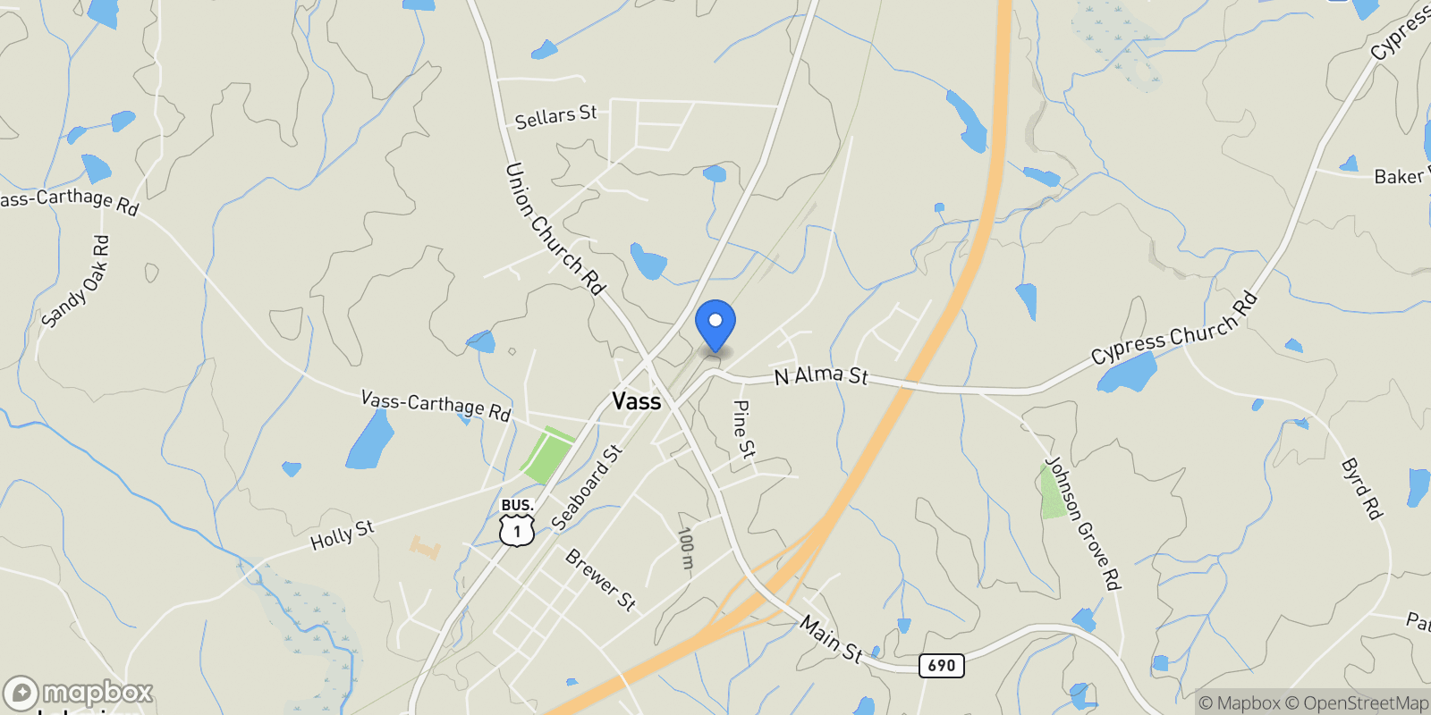 Map showing 200 Cameron Avenue, Vass, NC 28394, Vass, North Carolina, United States.
