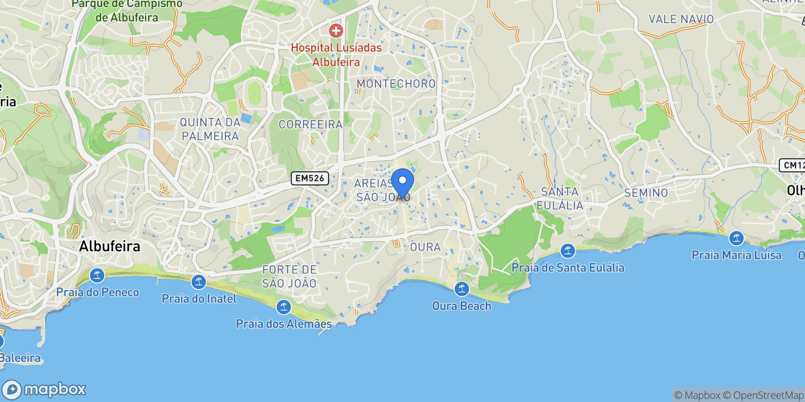 Map showing Olhos de Agua, Algarve, Portugal.