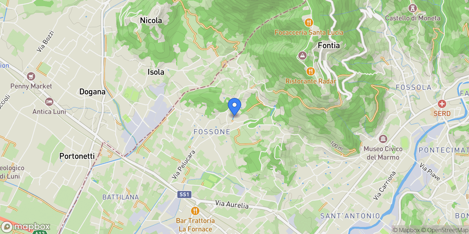 Map showing Via Monteverde, Carrara, Tuscany, Italy.