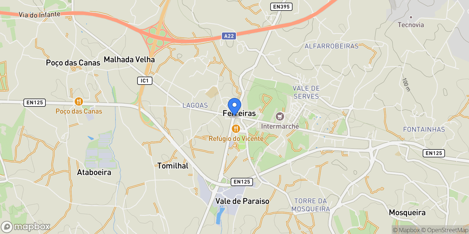 Map showing Ferreiras, Algarve, Portugal.