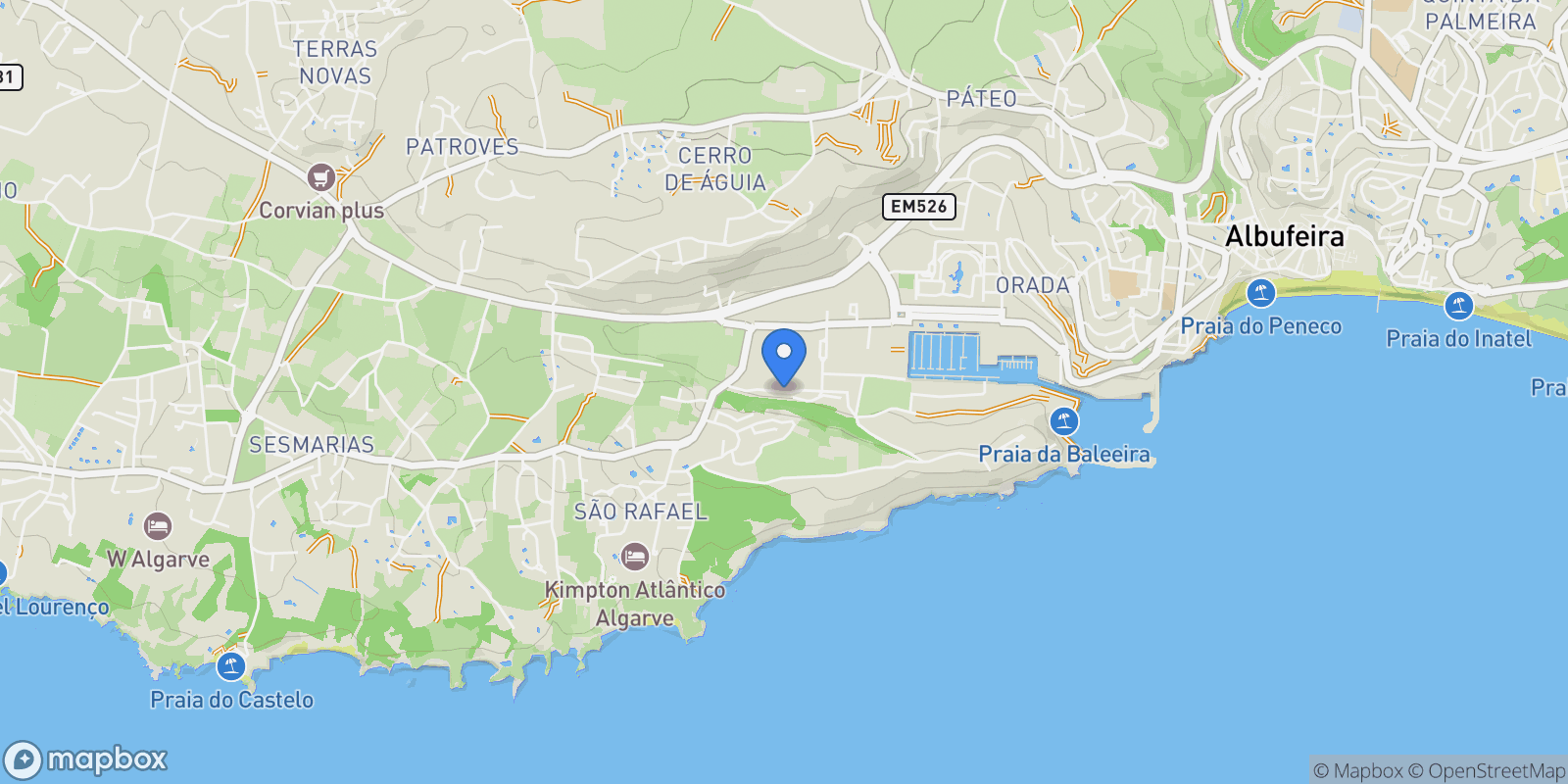Map showing Olhos de Agua, Algarve, Portugal.