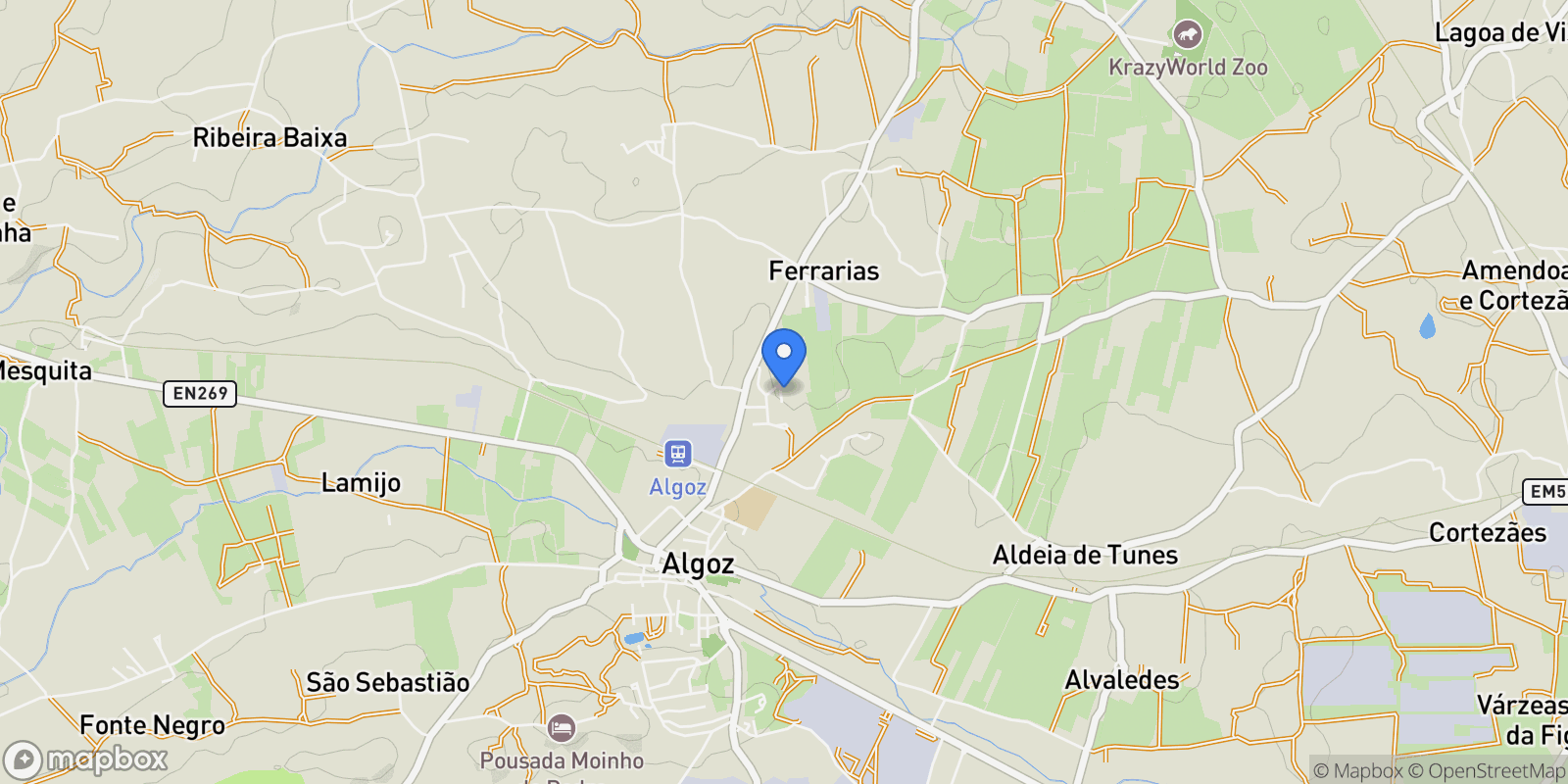 Map showing Algoz e Tunes, Algarve, Portugal.