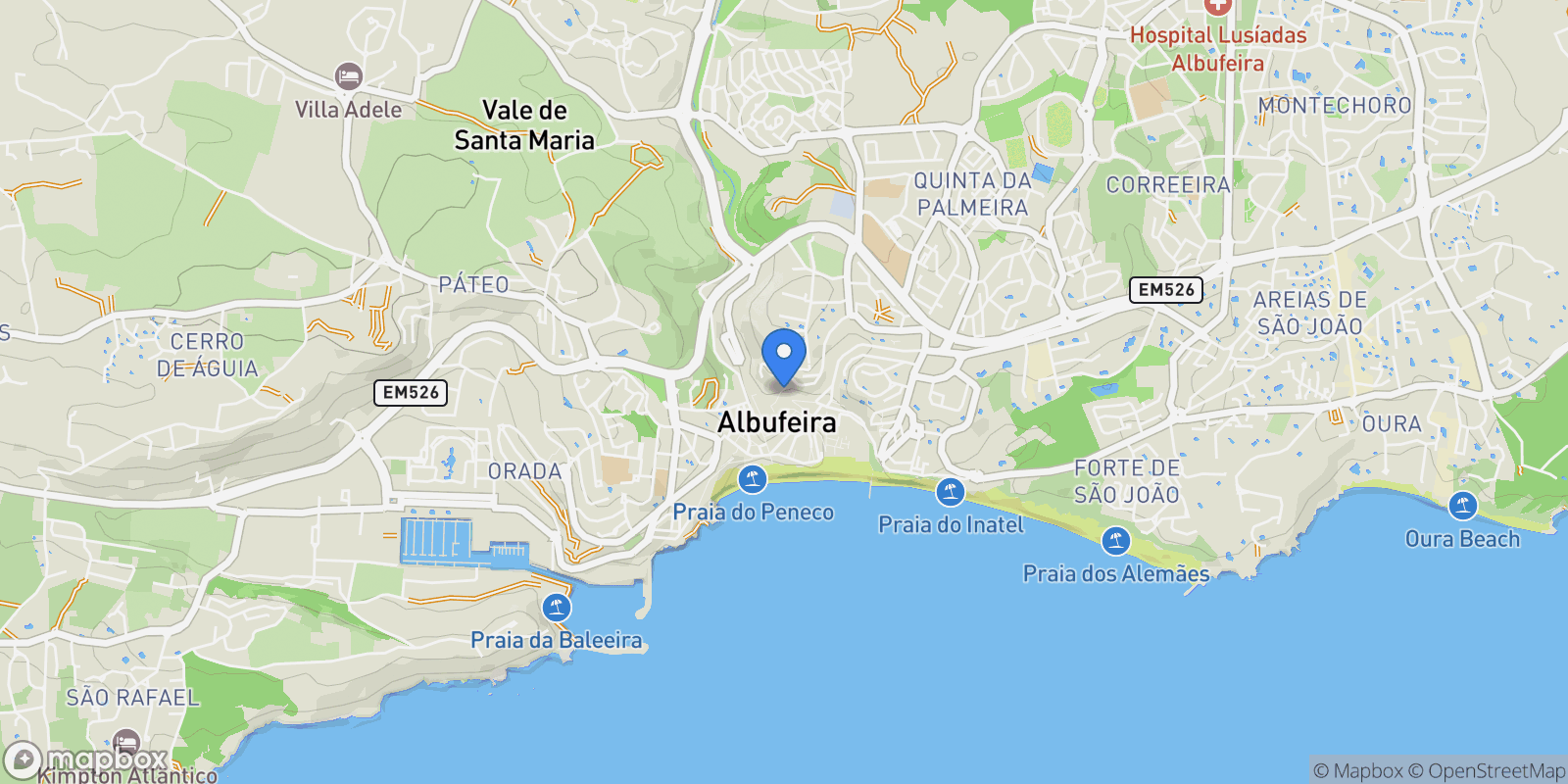 Map showing Praia dos Pescadores, Olhos de Agua, Portugal.