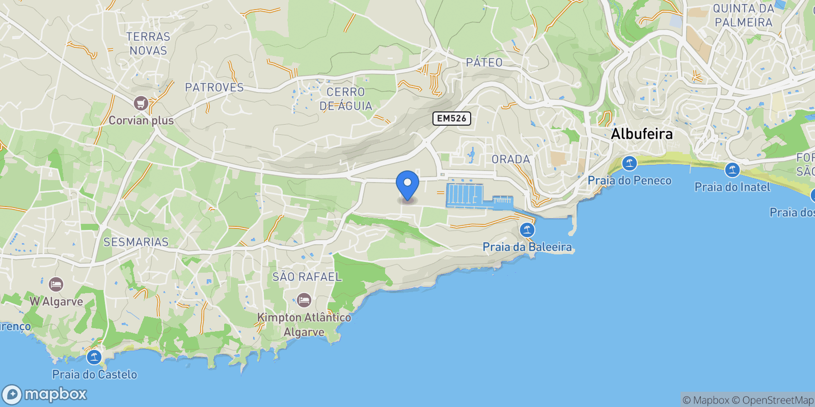 Map showing Olhos de Agua, Algarve, Portugal.
