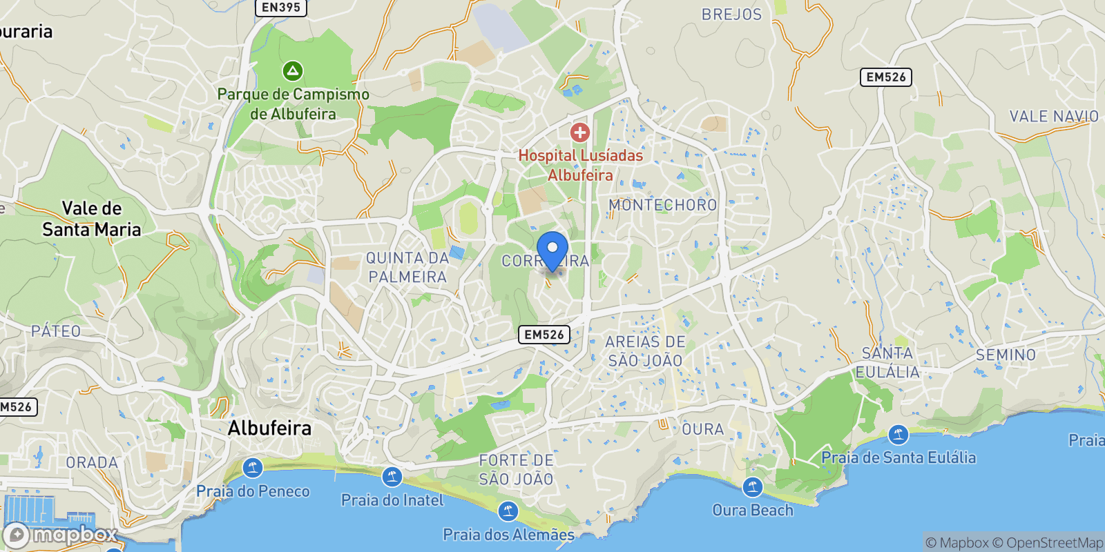 Map showing Olhos de Agua, Algarve, Portugal.