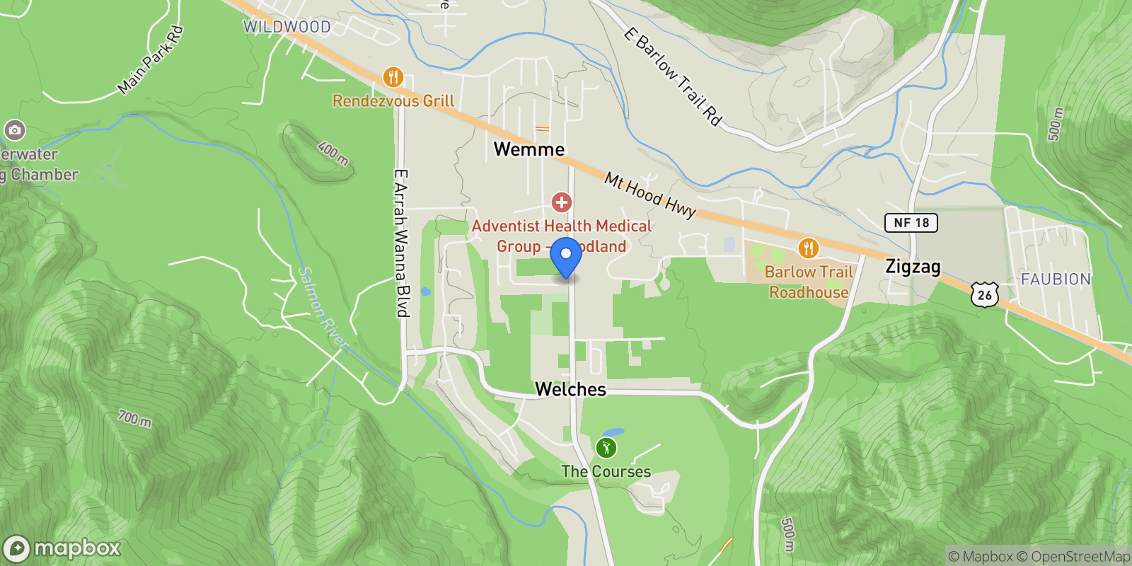 Map showing 68182 E Twinberry Loop, Welches, OR 97067, Mount Hood Village, Oregon, United States.
