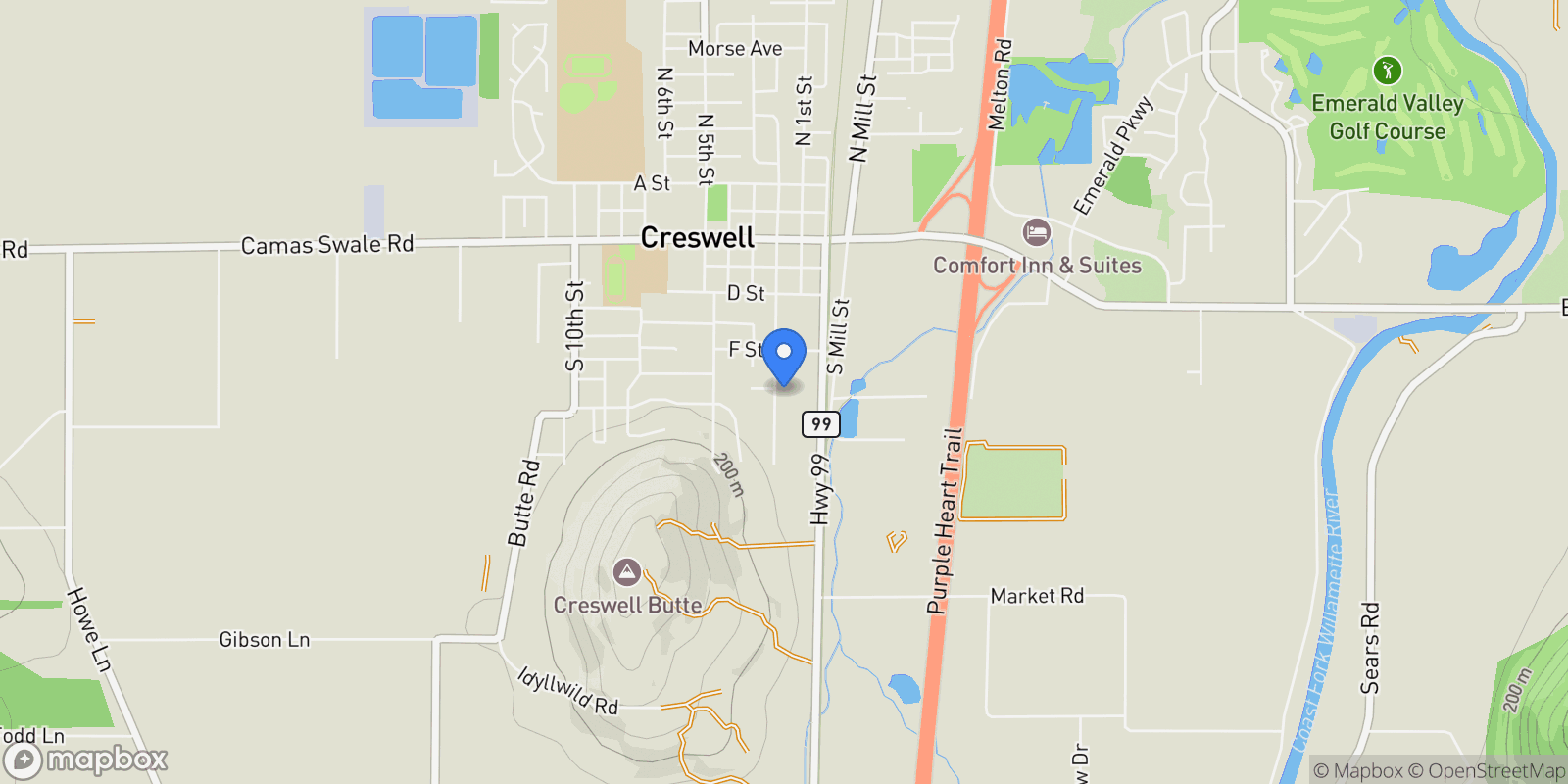 Map showing 385 Sunday Dr, Creswell, OR 97426, Creswell, OR, United States.
