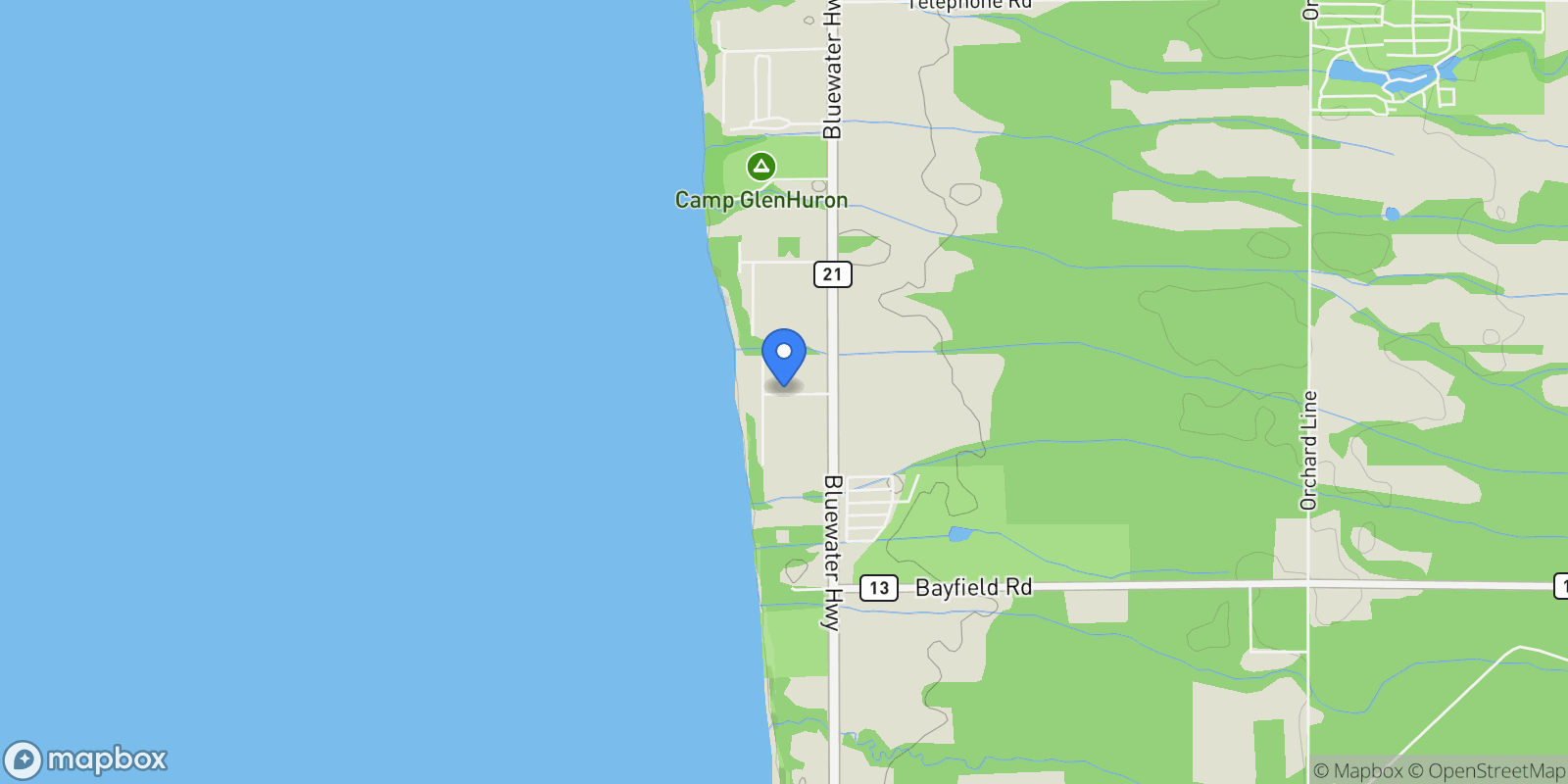 Map showing 34180 Melena Beach Side Road, Bluewater, ON N0M 1G0, Central Huron, Ontario, Canada.