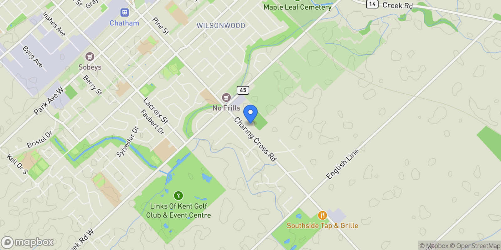 Map showing 877 CHARING CROSS Road, Chatham, ON N7M 5H3, Chatham, Ontario, Canada.