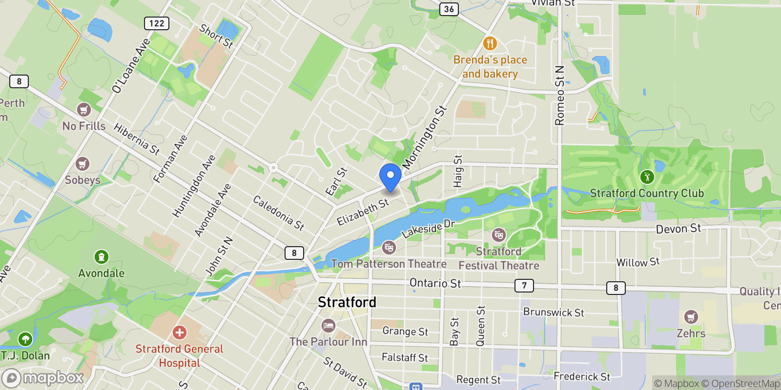 Map showing 168 ELIZABETH Street, Lambton Shores, ON N0M 2N0, Stratford, Ontario, Canada.