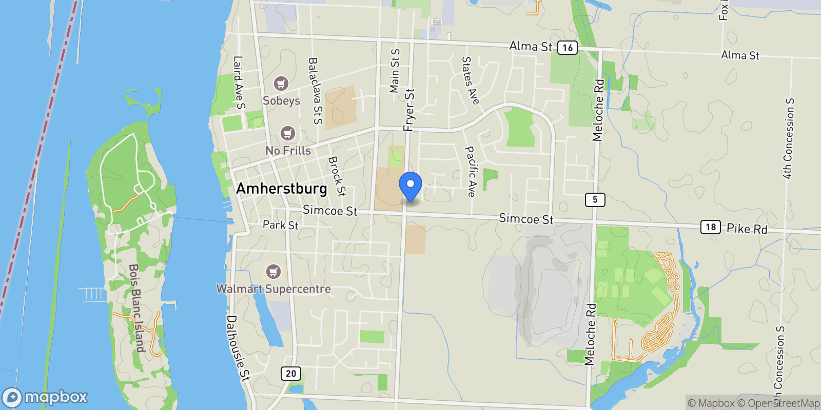 Map showing 366 Simcoe, Amherstburg, ON N9V 1N3, Amherstburg, Ontario, Canada.