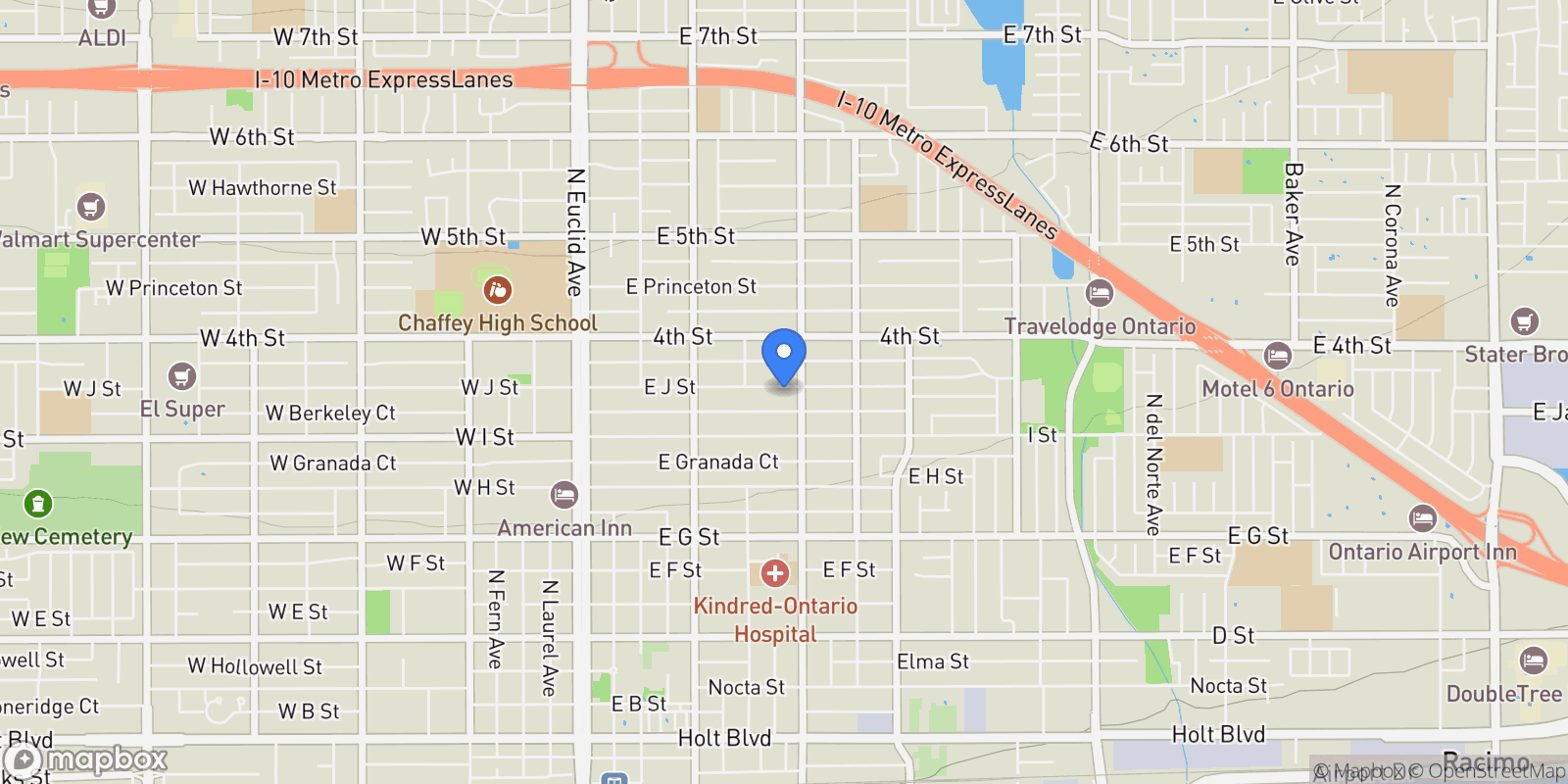 Map showing 650 E J Street, Ontario, CA 91764, Ontario, California, United States.