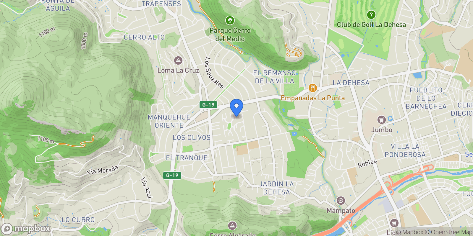 Map showing Parque Los Castños, Lo Barnechea, Lo Barnechea, Santiago Metropolitan Region, Chile.