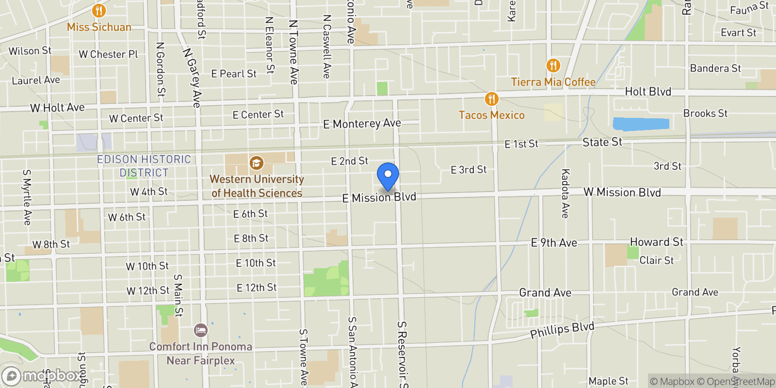 Map showing 1163 E Mission Boulevard, Pomona, CA 91766, Pomona, California, United States.