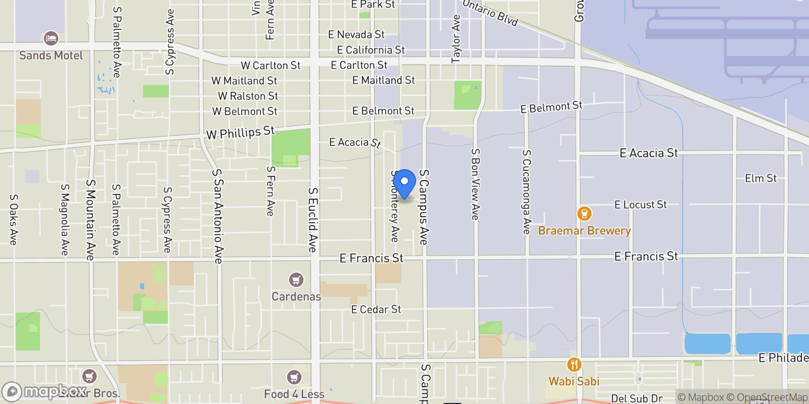 Map showing 606 E De Anza Circle E, Ontario, CA 91761, Ontario, California, United States.