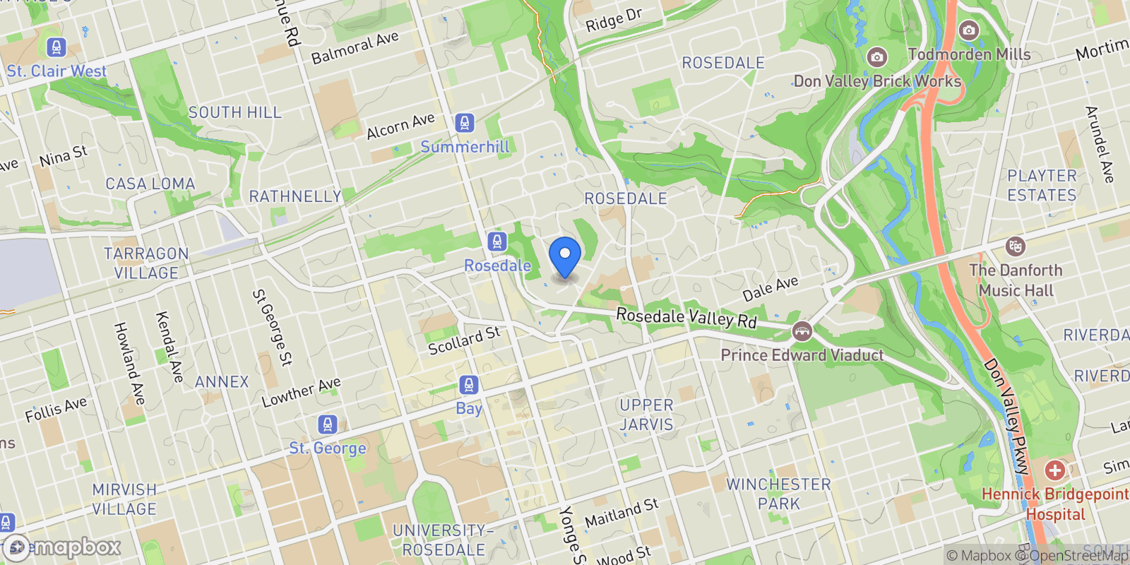 Map showing 10 Rosedale Road, Toronto, Ontario, Canada.