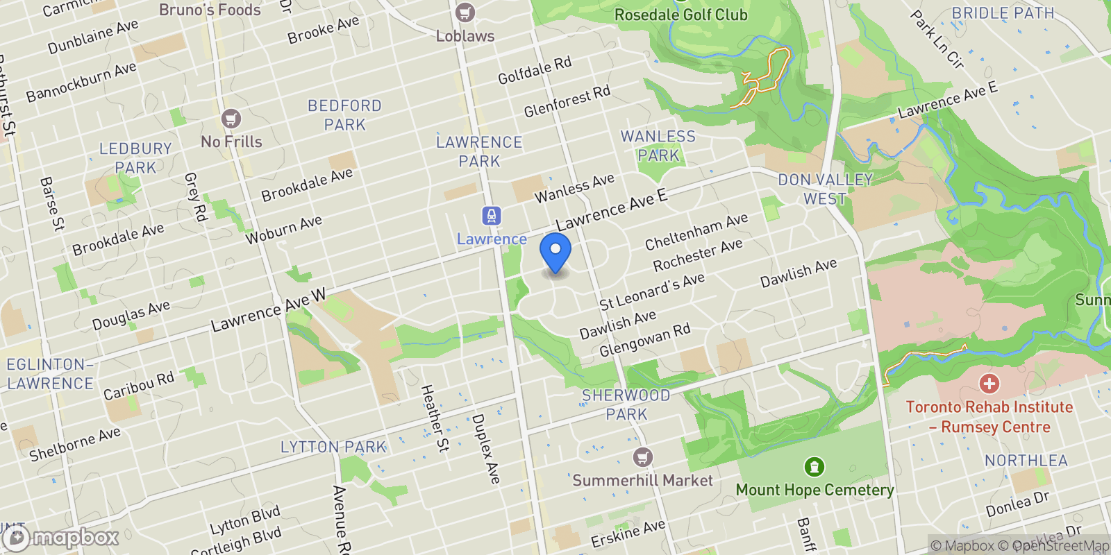 Map showing 35 Weybourne Crescent, Toronto, Ontario, Canada.