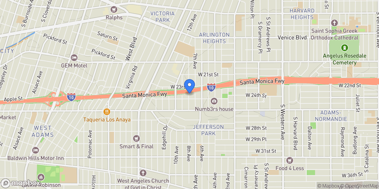 Map showing 2410 8th Avenue, Los Angeles, CA 90018, Los Angeles, California, United States.
