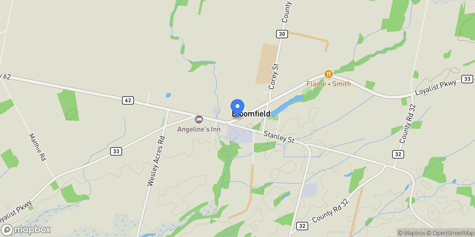 Map showing 336 Bloomfield Main Street, Prince Edward, Ontario, Canada.