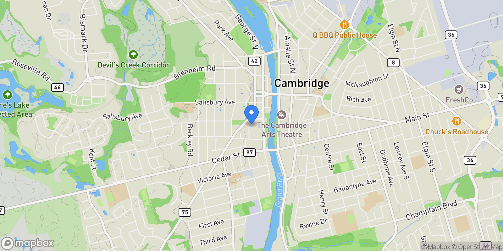 Map showing 2001 - 15 Glebe Street, Cambridge, Ontario, Canada.