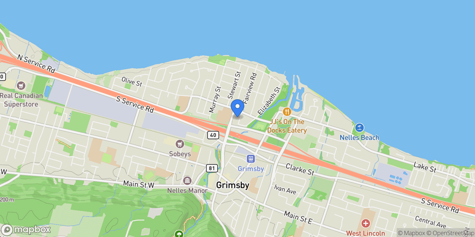 Map showing 11 Fairview Road, Grimsby, Ontario, Canada.