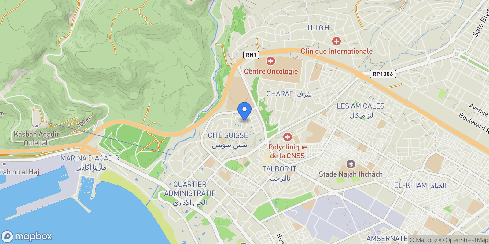 Map showing Inezgane, Souss-Massa, Morocco.