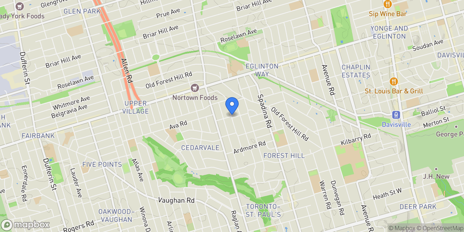 Map showing 36 Ava Road, Toronto, Ontario, Canada.