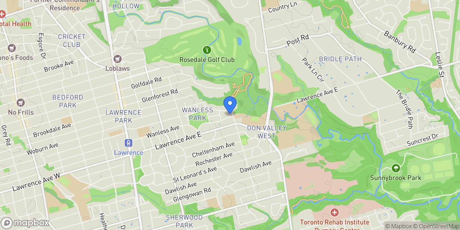 Map showing 102 Mildenhall Road, Toronto, Ontario, Canada.