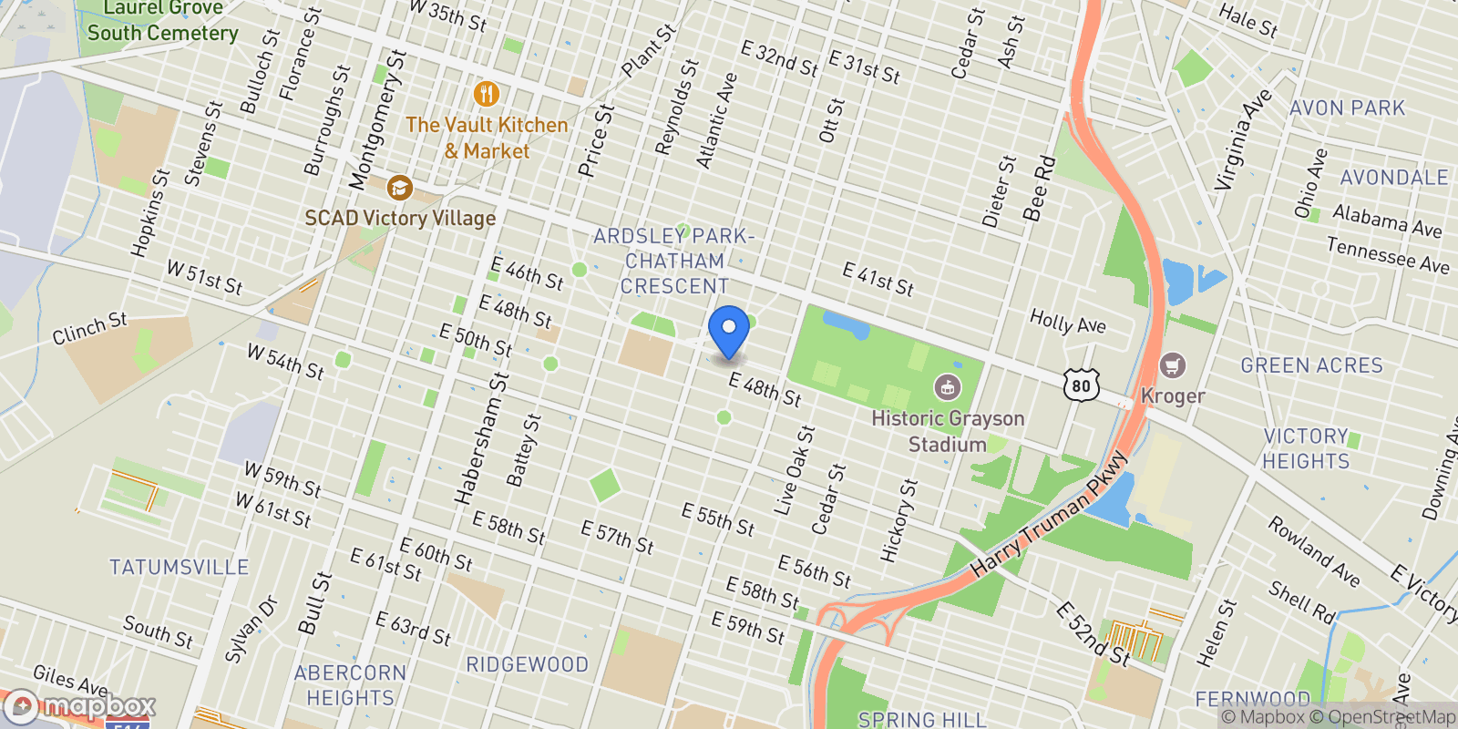 Map showing 635 Washington Avenue, Savannah, Georgia, United States.