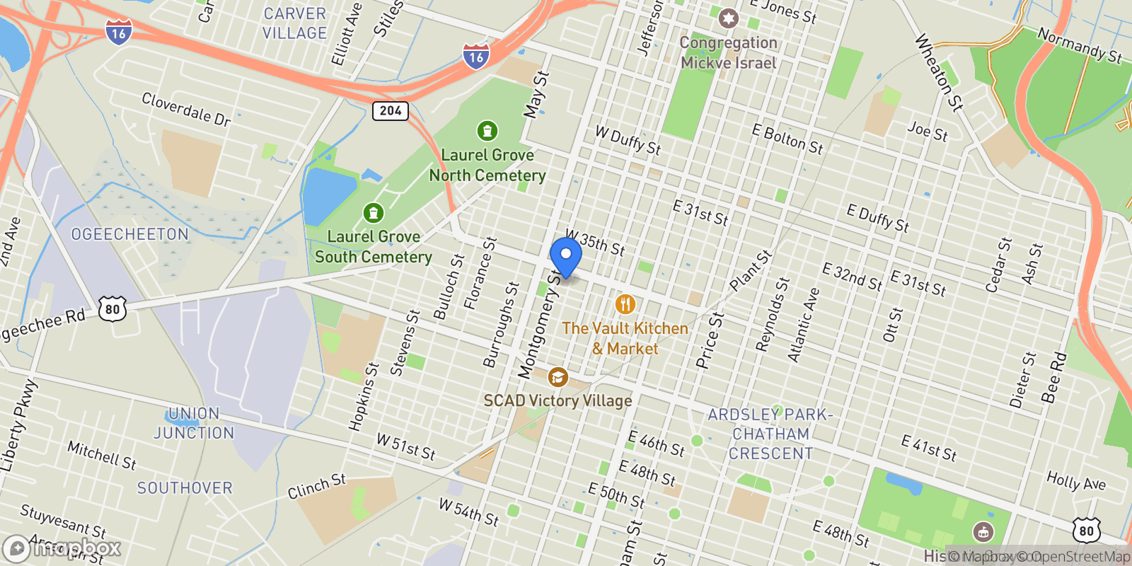 Map showing 306 W 38th Street, Savannah, Georgia, United States.