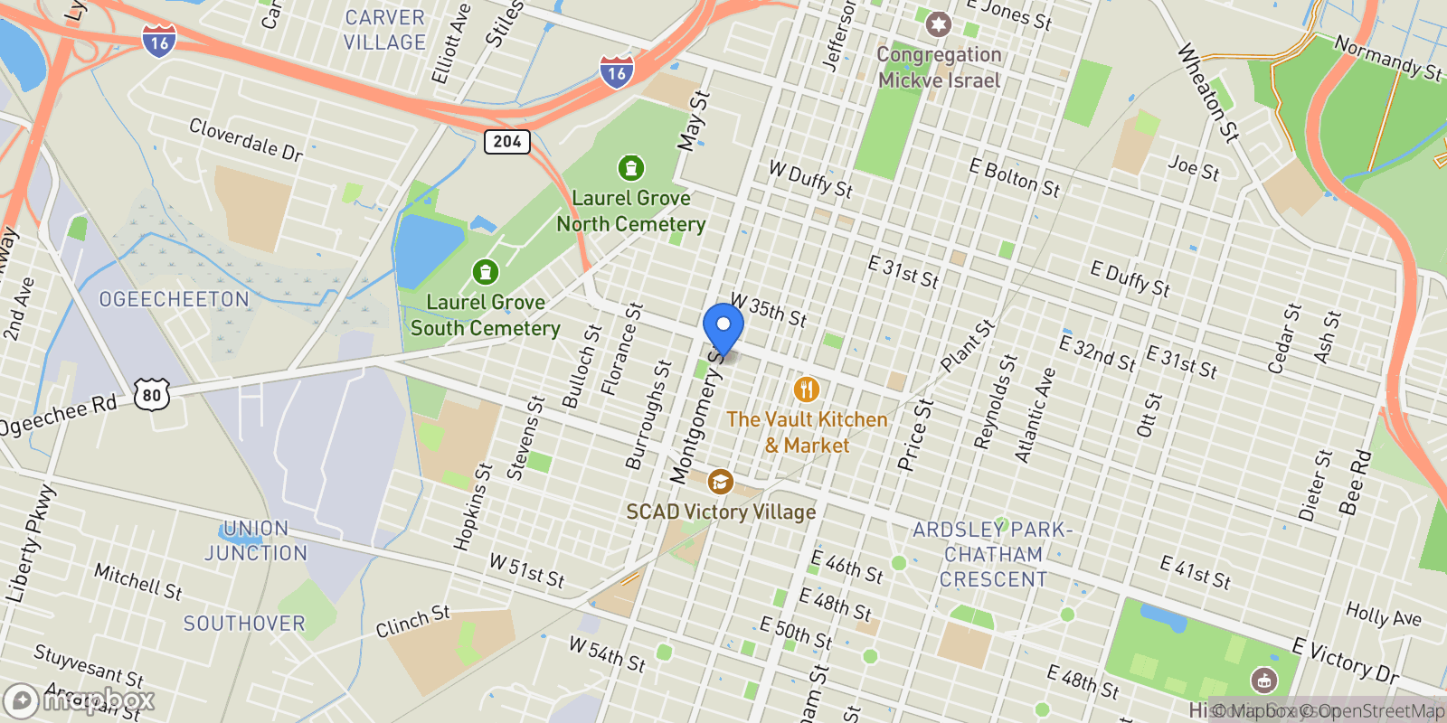 Map showing 312 W 38th Street, Savannah, Georgia, United States.